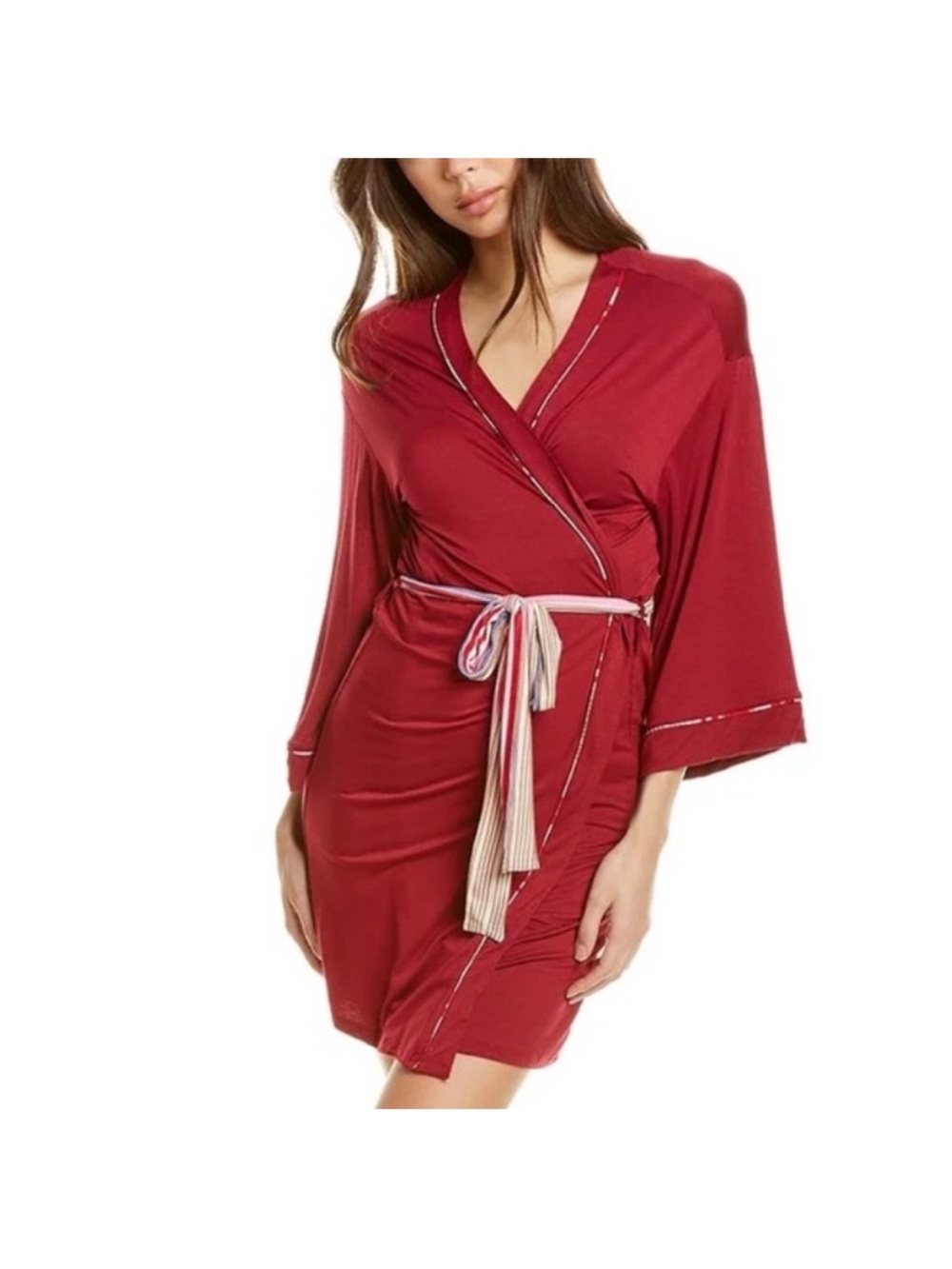 Hale Bob Wine Red Tie-Front Robe with Striped Accent